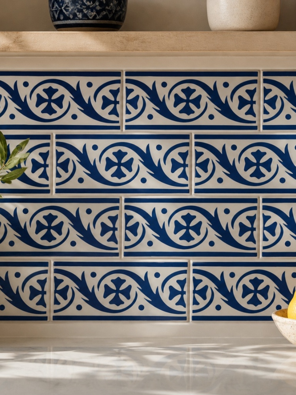 Rare Blue White Border Tile | Vintage Architectural Salvage Kitchen Decor